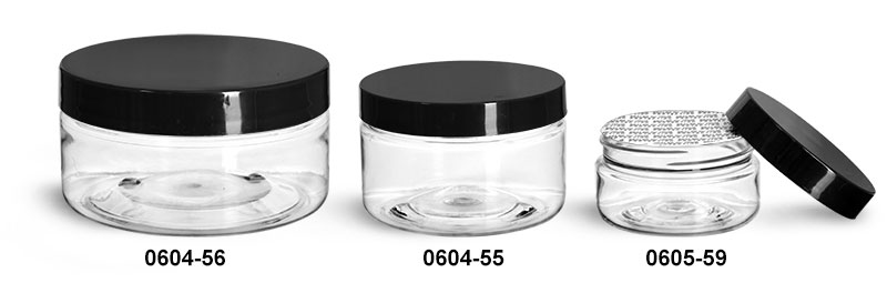 Plastic Jars, Clear PET Heavy Wall Jars w/ Black Smooth Lined Caps
