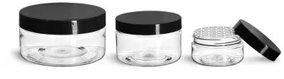 PET Plastic Jars, Clear Heavy Wall Jars w/ Black Smooth Lined Caps