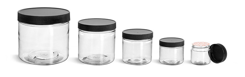 PET Plastic Jars, Clear Straight Sided Jars w/ Black Ribbed Induction Lined Caps