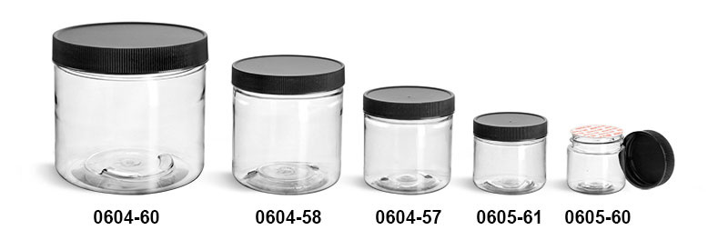 Plastic Jars, Clear PET Straight Sided Jars w/ Black Ribbed Induction Lined Caps