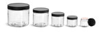 PET Plastic Jars, Clear Straight Sided Jars w/ Black Ribbed Induction Lined Caps