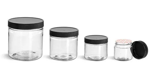 PET Plastic Jars, Clear Straight Sided Jars w/ Black Ribbed Induction Lined Caps