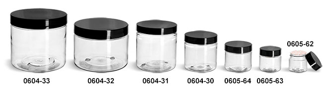Plastic Jars, Clear PET Straight Sided Jars w/ Black Smooth Plastic Lined Caps