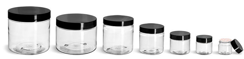 PET Plastic Jars, Clear Straight Sided Jars w/ Black Smooth Plastic Lined Caps