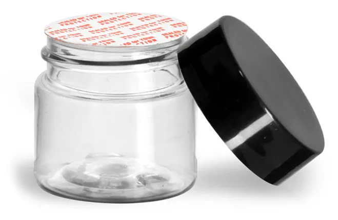 1/2 oz Clear PET Jars w/ Black Smooth Plastic Lined Caps