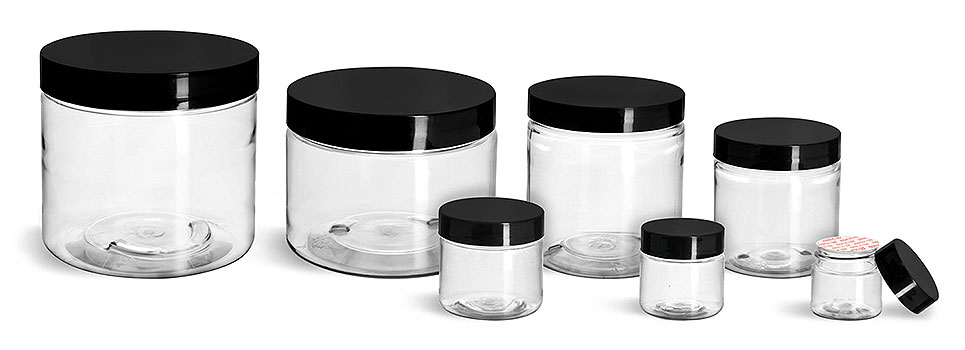 Plastic Jars, Clear PET Straight Sided Jars w/ Black Smooth Plastic Lined Caps