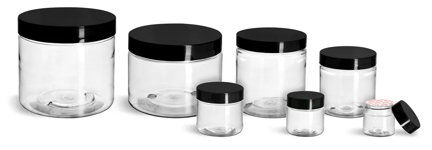 PET Plastic Jars, Clear Straight Sided Jars w/ Black Smooth Plastic Lined Caps