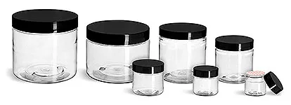 PET Plastic Jars, Clear Straight Sided Jars w/ Black Smooth Plastic Lined Caps