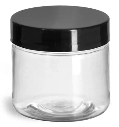 2 oz Clear PET Jars w/ Black Smooth Plastic Lined Caps