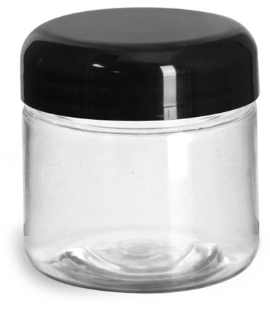 2 oz Clear PET Straight Sided Jars w/ Black Smooth Lined Plastic Dome Caps