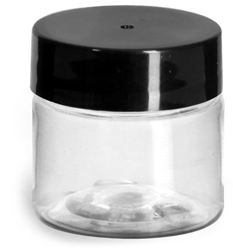 1/2 oz Plastic Jars, Clear PET Straight Sided Jars w/ Black Smooth Induction Lined Caps