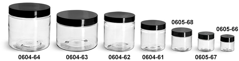 Plastic Jars, Clear PET Straight Sided Jars w/ Black Smooth Induction Lined Caps