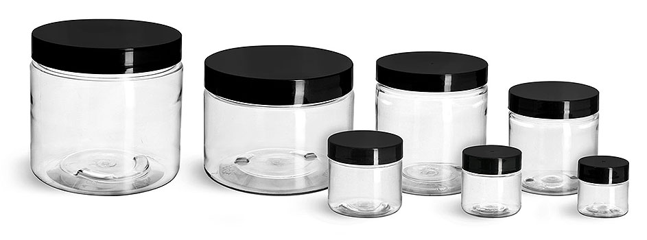 Plastic Jars, Clear PET Straight Sided Jars w/ Black Smooth Induction Lined Caps