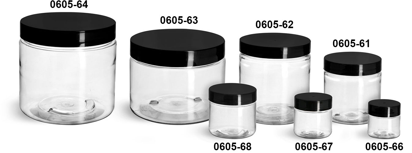 Plastic Jars, Clear PET Straight Sided Jars w/ Black Smooth Induction Lined Caps