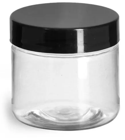 2 oz Plastic Jars, Clear PET Straight Sided Jars w/ Black Smooth Induction Lined Caps