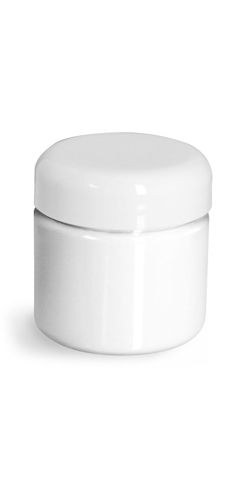 2 oz Plastic Jars, White PET Straight Sided Jars w/ White Lined Dome Caps