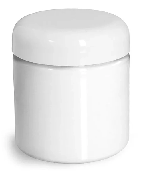 4 oz Plastic Jars, White PET Straight Sided Jars w/ White Lined Dome Caps