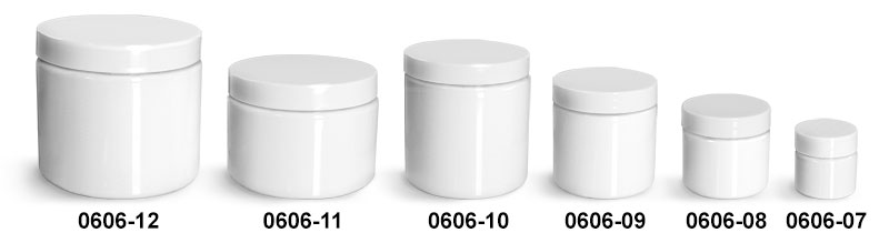 Plastic Jars, White PET Straight Sided Jars w/ White Smooth Plastic Lined Caps