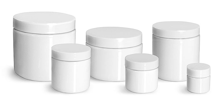 Plastic Jars, White PET Straight Sided Jars w/ White Smooth Plastic Lined Caps