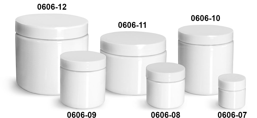 Plastic Jars, White PET Straight Sided Jars w/ White Smooth Plastic Lined Caps
