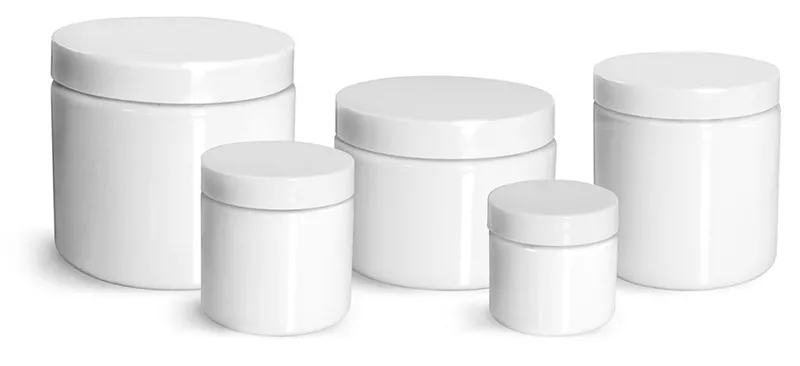 PET Plastic Jars, White Straight Sided Jars w/ White Smooth Plastic Lined Caps