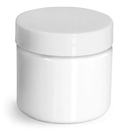 2 oz Plastic Jars, White PET Straight Sided Jars w/ White Smooth Plastic Lined Caps