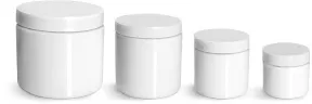 PET Plastic Jars, White Straight Sided Jars w/ White Smooth Unlined Caps
