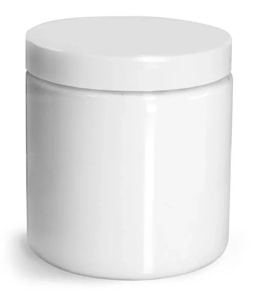 8 oz Plastic Jars, White PET Straight Sided Jars w/ White Smooth Unlined Caps