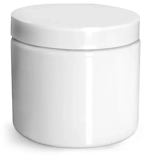 16 oz Plastic Jars, White PET Straight Sided Jars w/ White Smooth Unlined Caps