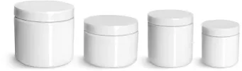 PET Plastic Jars, White Straight Sided Jars w/ White Smooth PS22 Lined Caps