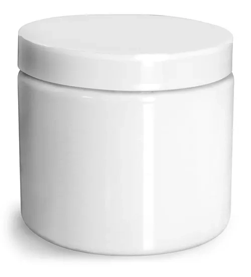 16 oz Plastic Jars, White PET Straight Sided Jars w/ White Smooth PS22 Lined Caps
