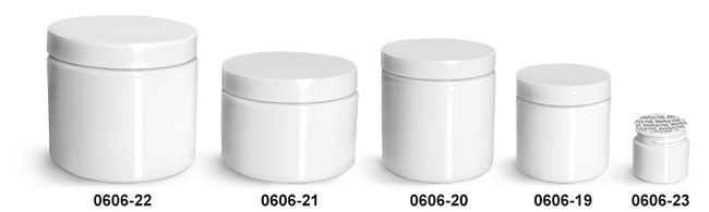 Plastic Jars, White PET Straight Sided Jars w/ White Smooth PS22 Lined Caps