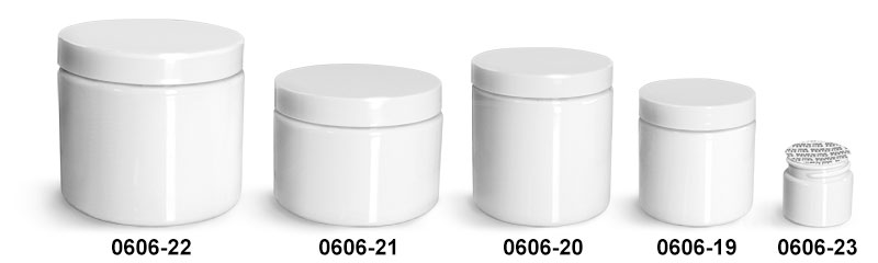 Plastic Jars, White PET Straight Sided Jars w/ White Smooth PS22 Lined Caps