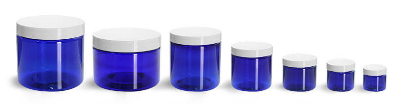 PET Plastic Jars, Blue Straight Sided Jars w/ White Smooth Plastic Lined Caps