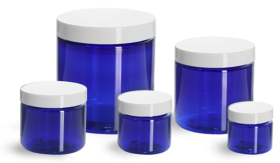 PET Plastic Jars, Blue Straight Sided Jars w/ White Smooth Plastic Lined Caps