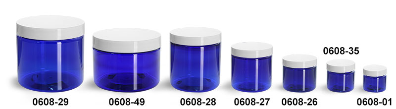 Plastic Jars, Blue PET Straight Sided Jars w/ White Smooth Plastic Lined Caps