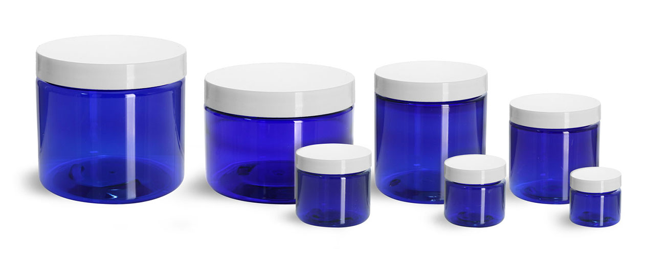 PET Plastic Jars, Blue Straight Sided Jars w/ White Smooth Plastic Lined Caps
