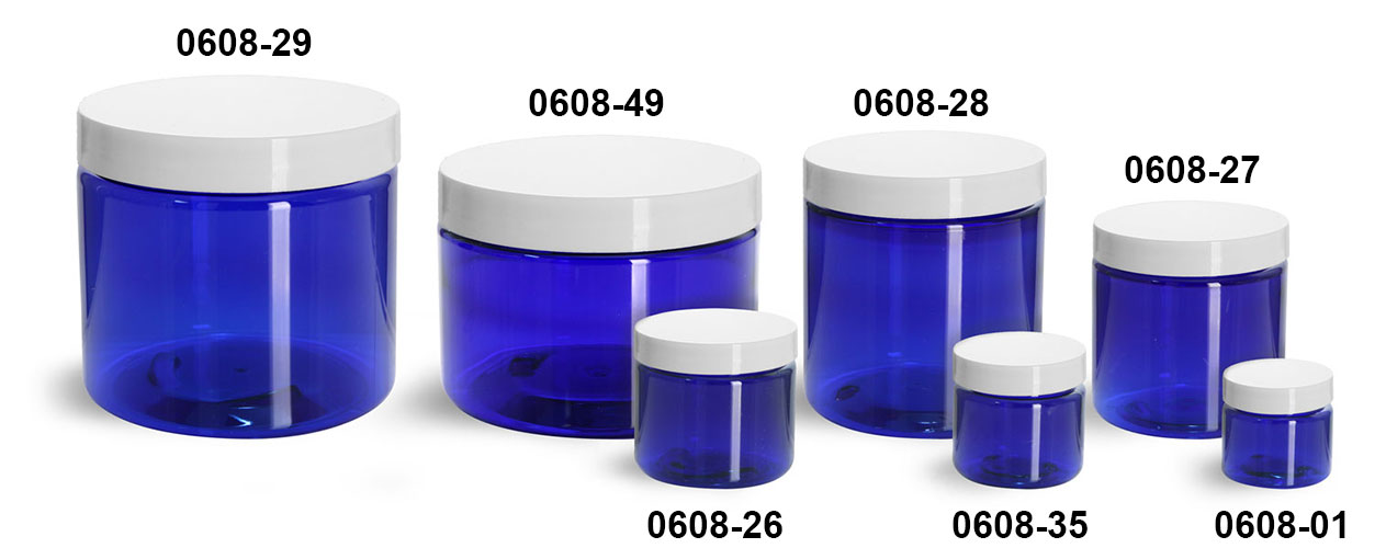 Plastic Jars, Blue PET Straight Sided Jars w/ White Smooth Plastic Lined Caps