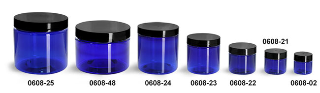 Plastic Jars, Blue PET Straight Sided Jars w/ Black Smooth Plastic Lined Caps