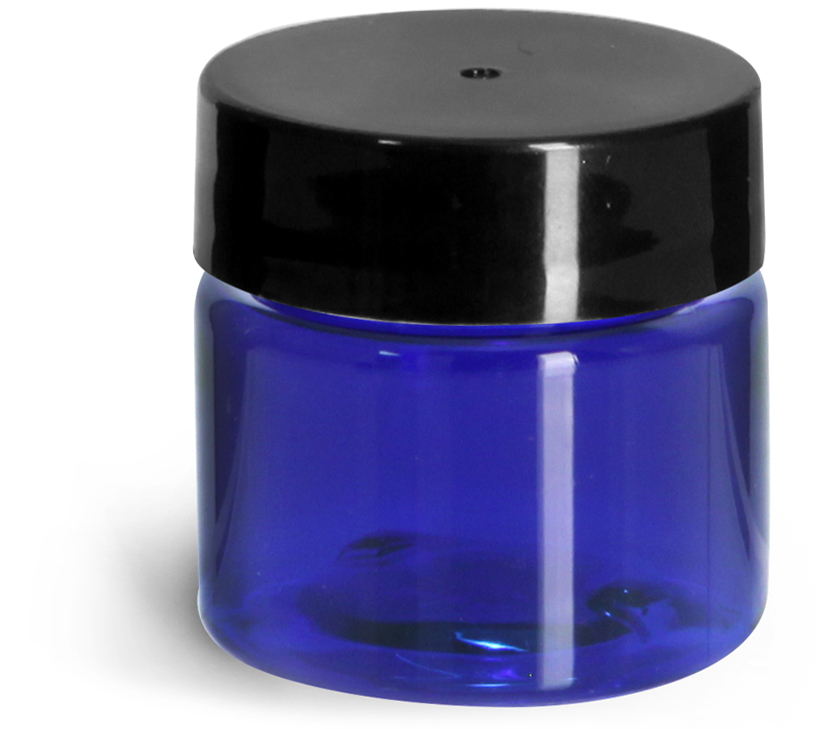 1/2 oz Blue PET Straight Sided Jars w/ Black Smooth Plastic Lined Caps