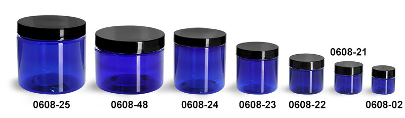 Plastic Jars, Blue PET Straight Sided Jars w/ Black Smooth Plastic Lined Caps
