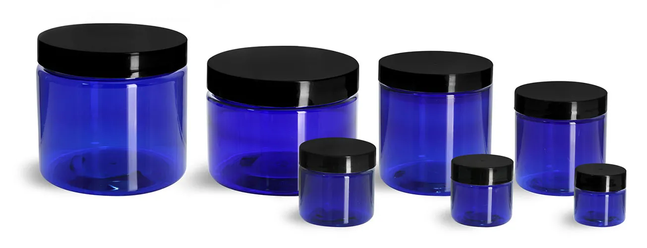 PET Plastic Jars, Blue Straight Sided Jars w/ Black Smooth Plastic Lined Caps