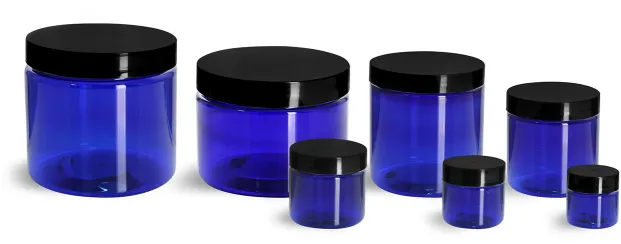 16 oz Blue PET Square Plastic Jar with Black Dome Lid