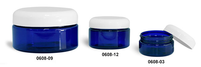 Plastic Jars, Blue PET Heavy Wall Jars w/ White Dome Caps