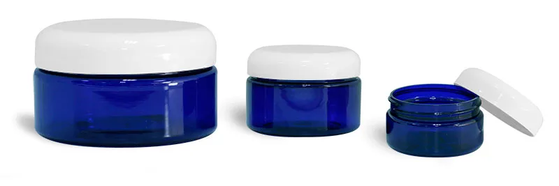 PET Plastic Jars, Blue Heavy Wall Jars w/ White Dome Caps