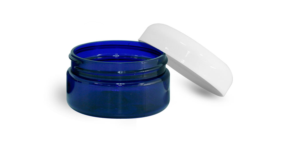 2 oz Blue PET Heavy Wall Jars w/ White Dome Caps