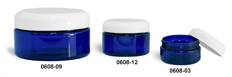 Plastic Jars, Blue PET Heavy Wall Jars w/ White Dome Caps
