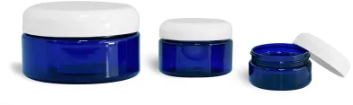 PET Plastic Jars, Blue Heavy Wall Jars w/ White Dome Caps