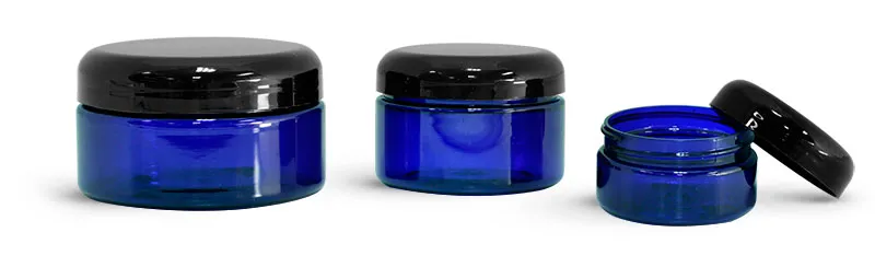 PET Plastic Jars, Blue Heavy Wall Jars w/ Black Dome Caps