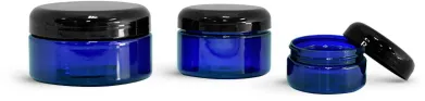 PET Plastic Jars, Blue Heavy Wall Jars w/ Black Dome Caps